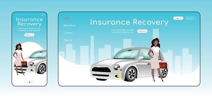 Insurance recovery responsive landing page vector template. Legal service homepage layout. One page website UI with cartoon character. Financial safety assurance adaptive webpage cross platform design