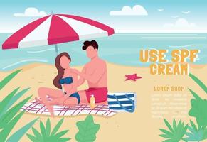 Use SPF cream banner flat vector template. Brochure, poster concept design with cartoon characters. Couple sunbathing, applying sunblock lotion horizontal flyer, leaflet with place for text