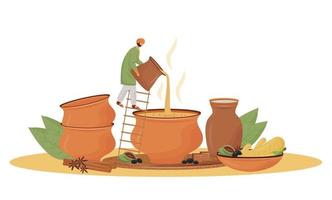 cocina india, servicio de tienda de té concepto plano ilustración vectorial. Hombre vertiendo masala chai personaje de dibujos animados 2d para diseño web. Bebida tradicional, mezcla aromática que sirve idea creativa. vector