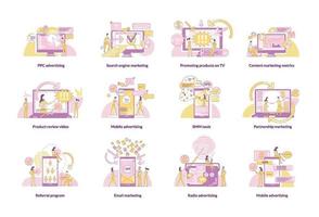 Conjunto de ilustraciones vectoriales de concepto de línea fina de marketing digital. comercializadores y clientes personajes de dibujos animados 2d para diseño web. estrategias de promoción, tecnologías publicitarias ideas creativas vector