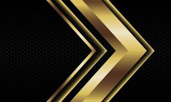 Abstract gold arrow shadow metallic direction geometric on black hexagon mesh pattern design modern luxury futuristic background vector illustration.