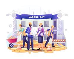 feliz Día del Trabajo. los trabajadores de la construcción están trabajando en la construcción en el día del trabajo el 1 de mayo. ilustración vectorial vector