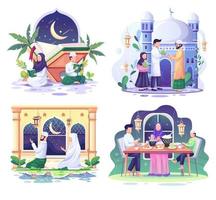 conjunto de ilustración del concepto de ramadán. la gente musulmana feliz celebra el mes sagrado de ramadán, saludo de eid mubarak. ilustración vectorial vector