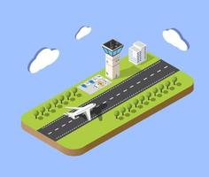 Isometric map of the city airport, the trees and the flight of construction vector