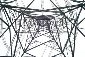 High angle view of high voltage electricity tower in sunny day with clear sky background photo