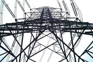 Un alto ángulo de vista de la torre de electricidad de alta tensión en un día soleado con fondo de cielo despejado foto