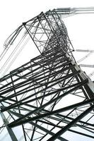 High angle view of high voltage electricity tower in sunny day with clear sky background photo