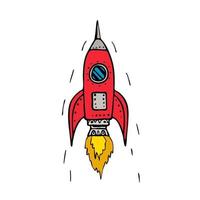 Drawing sketch style illustration of a vintage rocket ship blasting off vector