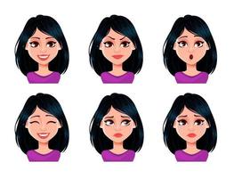 Face expressions of woman with dark hair vector