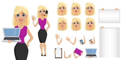 Business woman cartoon character creation set. Cute blonde businesswoman in smart casual clothes. vector