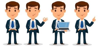 Set of business man cartoon character in smart clothes, office style. Young handsome businessman in suit. vector