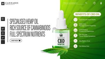 Green and white web banner with bottle of Medical cbd oil and hemp leaf. Web header with copy space and health benefits of CBD vector