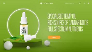 Green banner for website with CBD oil on podium with neon white ring around and interface elements of website. Poster for website with CBD oil bottle with pipette and marijuana leafs vector