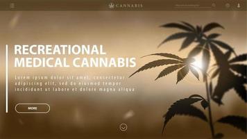 Recreational medical cannabis, brown template of discount banner for website with Silhouette of Cannabis against sunset. vector