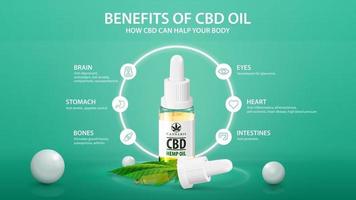 Poster with infographic of health benefits of CBD from cannabis, hemp, marijuana. White bottle of Medical cbd oil with neon white ring and infographic around vector