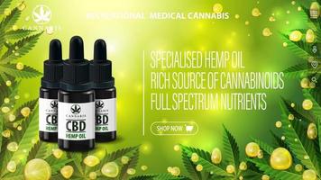 Poster for website with CBD oil black bottles and interface elements of website. Banner for website with CBD oil bottles and Cannabis oil gold bubbles on green blurred background with cannabis leafs vector