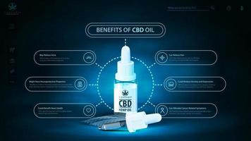 Benefits of use CBD oil, dark and blue digital header for website with CBD oil bottle with pipette. Poster with dark neon scene and hologram of CBD oil vector