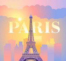 Eiffel Tower in Paris. Evening Paris. Sunny sunset in France against the backdrop of the city. Vector illustration