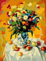 ramo de flores en un jarrón sobre la mesa. una mesa con un mantel blanco y frutas encima. pintura por números. ilustración vectorial.