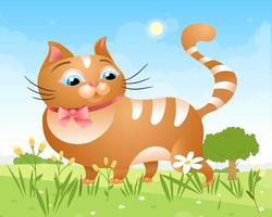 A cat walks on the lawn in the grass on a sunny day. Fat cat with a butterfly. Vector illustration