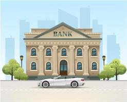 Bank building. Bank in the city. The car is at the bank. Money in the bank. Vector illustration
