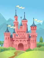 Castle in the mountains. King's house in the mountains. Princess tower. Vector illustration