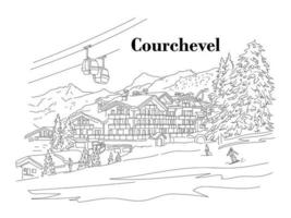 courchevel en el invierno. la gente está esquiando. estación de esquí. vector ilustración lineal