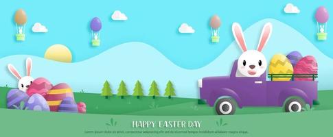 feliz día de pascua en papel estilo arte con conejo y huevos de pascua. tarjeta de felicitación, carteles y papel tapiz. bandera. ilustración vectorial. vector