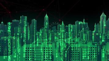 gebouwen in een grote stad met codeletters van hackers video