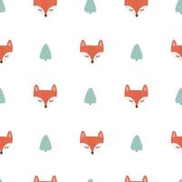 Seamless pattern with cute fox face in forest. Vector scandinavian illustration. Design for baby textile, wallpaper, web, fabric and decor