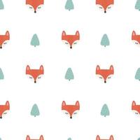 Seamless pattern with cute fox face in forest. Vector scandinavian illustration. Design for baby textile, wallpaper, web, fabric and decor