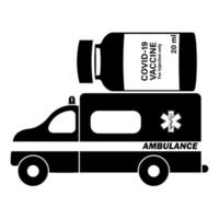 Ambulance emergency car with vaccine. Flat cartoon medical vehicle auto vector