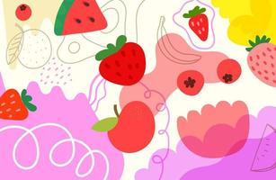 Creative doodle artistic wallpaper with fruits. Abstract background with color hand drawn geometric shapes. Sketchy style illustration vector