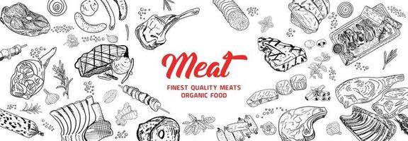 Meat products. Top view frame. Hand drawn illustration. Pieces of meat design template. Engraved design. Great for package design. Vector illustration.