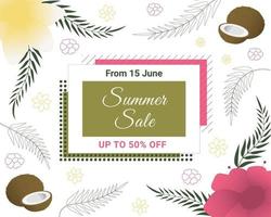 Banner de venta de verano con coco, flores tropicales y hojas de palmera. diseño floral exótico. perfecto para pancartas, volantes, invitaciones, carteles, sitios web o tarjetas de felicitación. vector