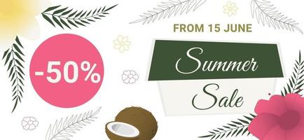 Summer sale banner with coconut, tropical flowers and palm leaves. Exotic floral design. Perfect for banners, flyers, invitations, posters, web sites or greeting cards. vector