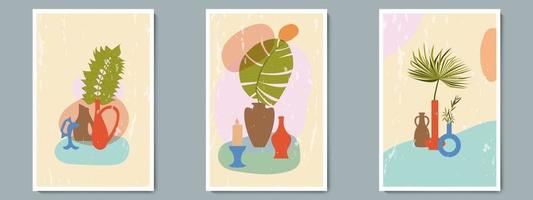 Hand Drawn Pottery Vase Set with Tropical Plants and simple Abstract Shape. Trendy Collage for Decoration with Grunge Texture. vector