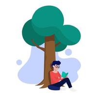 Young man sitting under a tree and reading a book, vector illustration