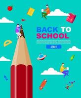 Back to school, read the book, big pencil and kids social distancing, flat design, vector illustration.