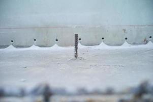 Closeup selective focus picture of steel line for reinforcement concrete structure photo