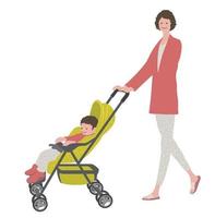 Mother With A Baby In A Stroller, Vector illustration. Easy To Use Illustration Isolated On White Background.