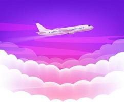 Pink sky and modern airplane with cute white clouds background vector