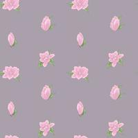 Vector seamless pattern of delicate pink flowers and green leaves on a dark background. Botanical digital paper.