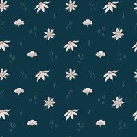 Vector seamless pattern of wild beige daisies and dark green thin leaves on a dark background. Digital paper.