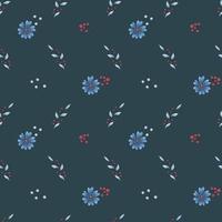 Vector seamless pattern of dark blue flowers, blue leaves and red berries on a dark background.