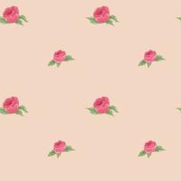 Vector seamless pattern of red roses and green leaves on a pale orange background in cartoon style.