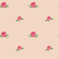 Vector seamless pattern of red roses and green leaves on a pale orange background in cartoon style.