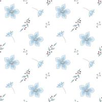 Vector seamless pattern from blue flowers and red berries. Digital paper from Nemophilus American forget me not. Myosotis wallpaper