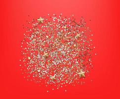 Different golden and silver Christmas elements and confetti on red background vector