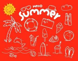 Hello summer doodle vector elements with lettering inscription